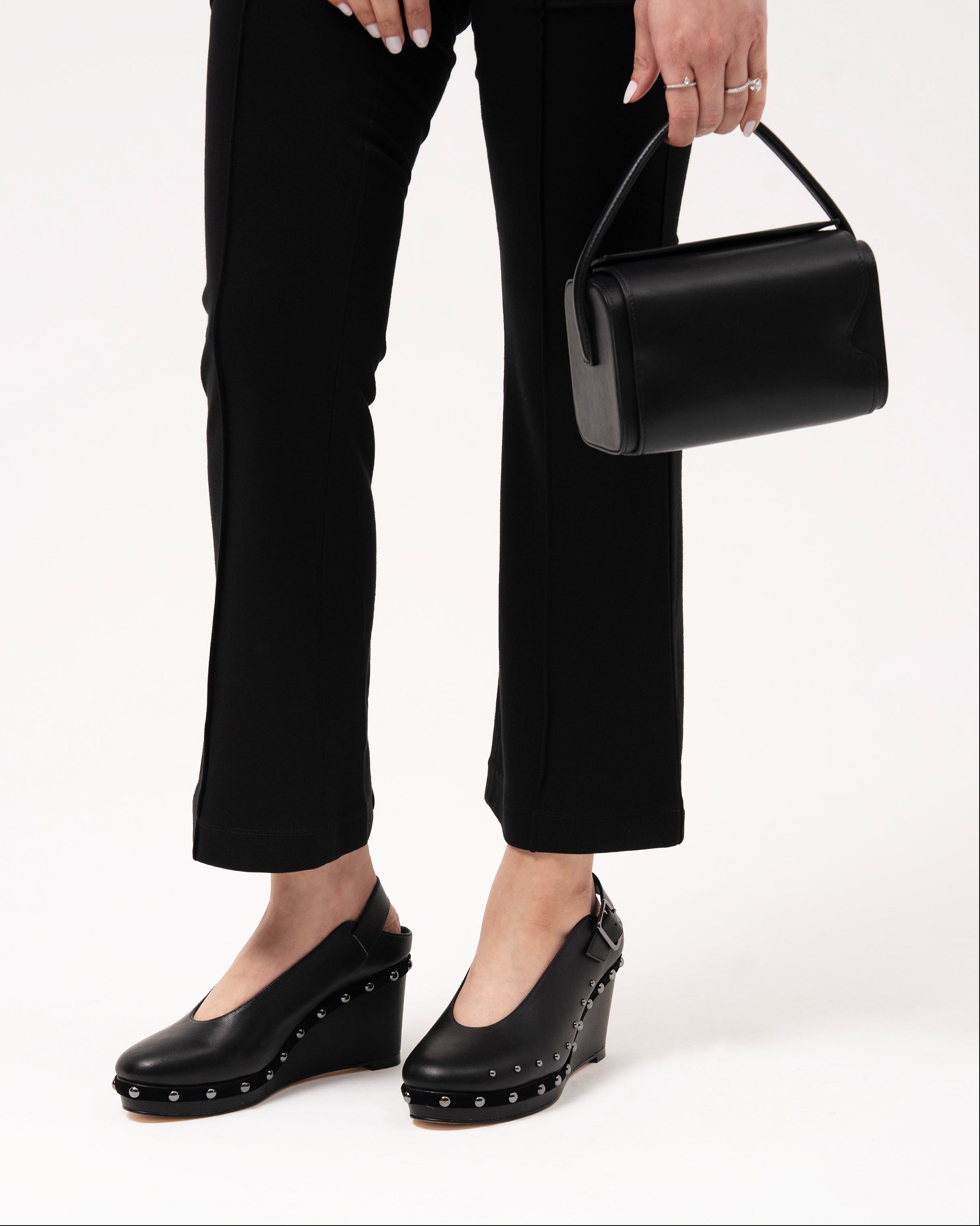 Black wedge sandal with studded details luxury leather Kuwait Shoes - KSA Shoes 