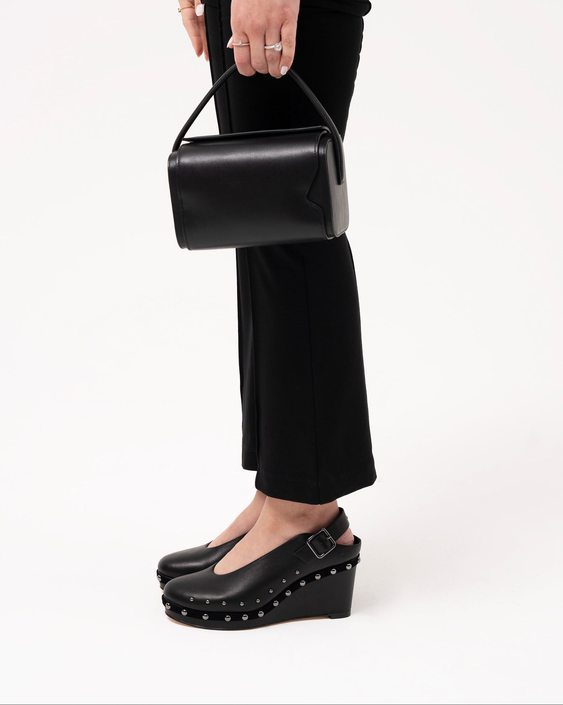 Black wedge sandal with studded details luxury leather Kuwait Shoes - KSA Shoes 