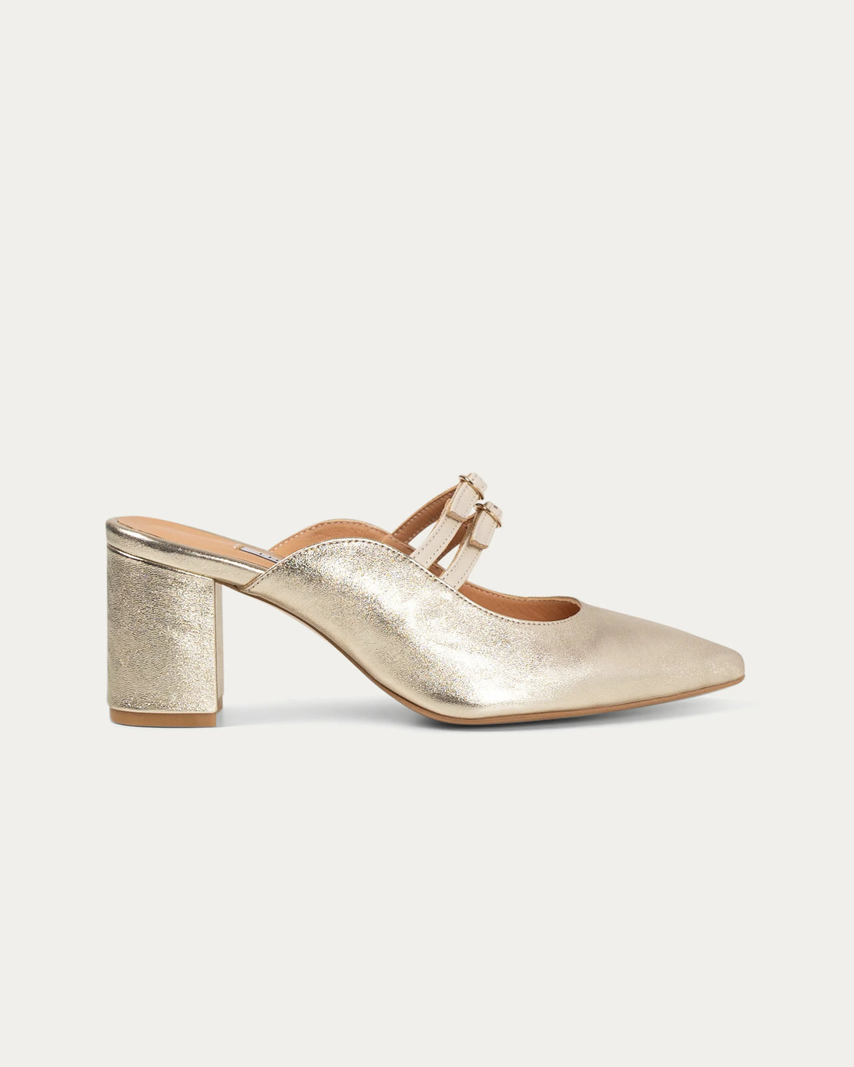 Gold metallic mule shoe with block heel and double strap detail, perfect for modern women's everyday style.