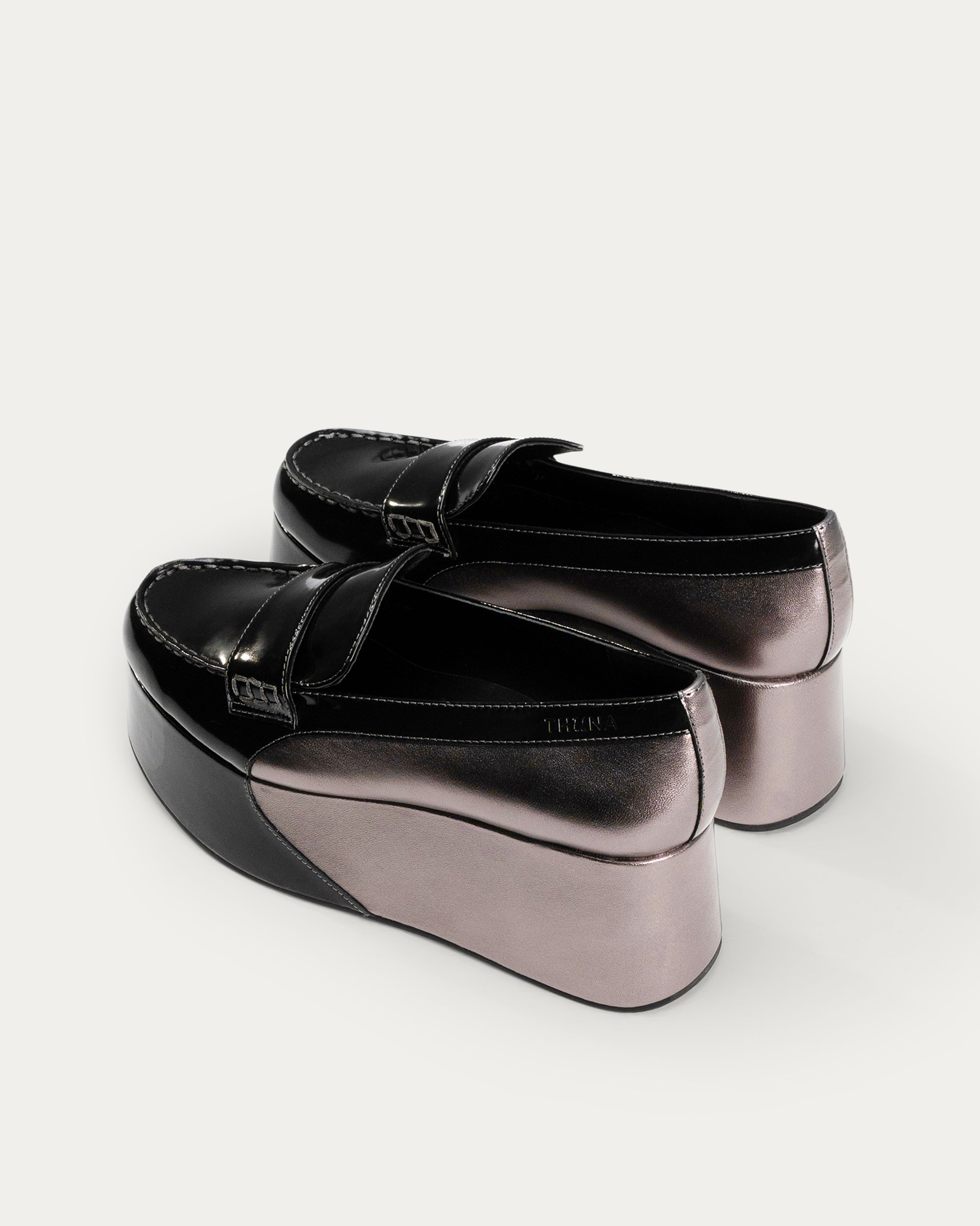 Black and silver platform loafer on a white background - Neve black platform loafer - THUNA Kuwait - KSA- Qatar- UAE